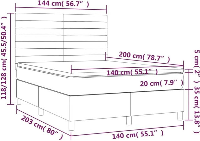 vidaXL Boxspringbett mit Matratze in Schwarz, Hybridbett mit LED-Unterbettbeleuchtung und USB-Ladeport, B/T/H: 140 x 200 x 118 cm - Bild 1