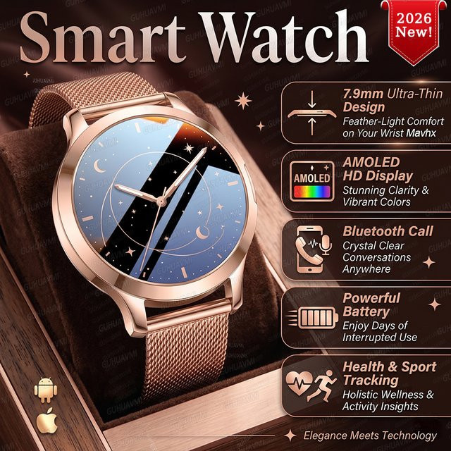 GUHUAVMI Smartwatch für Damen in Schwarz mit AMOLED-Display, Ultra-dünnes 7,3mm Design, Sprachanruf-Funktion und Fitness-Tracking für Sport und Gesundheit - Bild 1