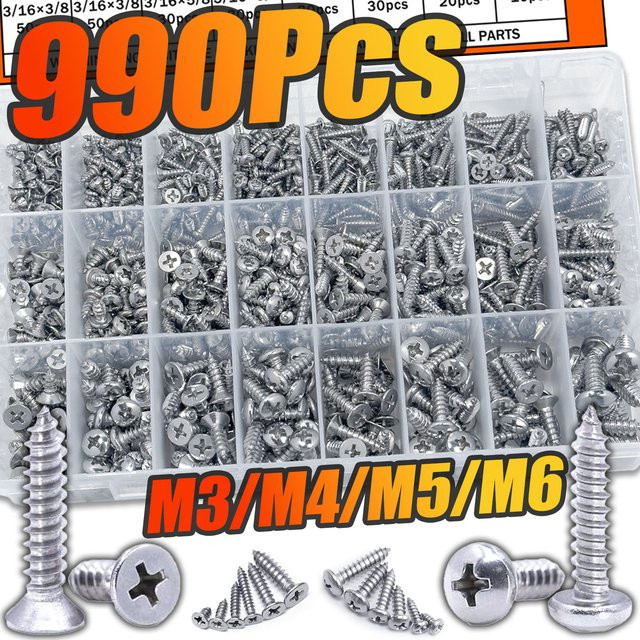 BOVILEVR 990-teiliges Set selbstschneidende Edelstahlschrauben in Silber, Kreuzschlitz Phillips, M3-M4-M5-M6, 500 Flachkopf und 490 Rundkopf für Trockenbau, Metall, Kunststoff und Holz - Bild 1