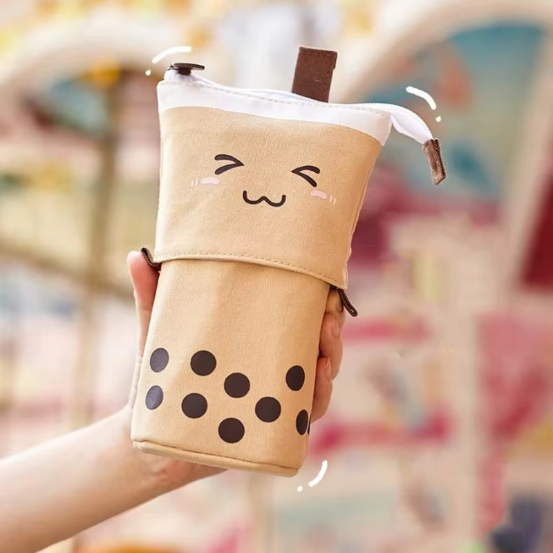 Erweiterbares Stiftetui aus Segeltuch mit Bubble Tea-Aufdruck in Beige und Gelb - Bild 2
