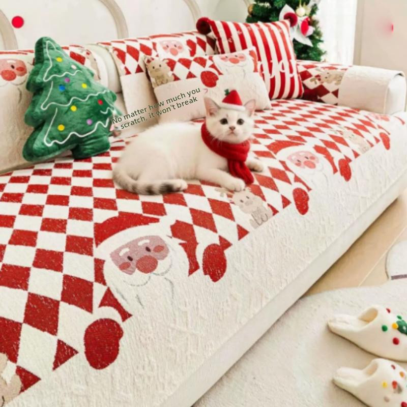 Yiran Furniture Weihnachts-Sofabezug aus Chenille mit Karo-Muster und Weihnachtsmann-Motiv, kratzfest und waschbar, Breite: 30 cm, Tiefe: 50 cm - Bild 1