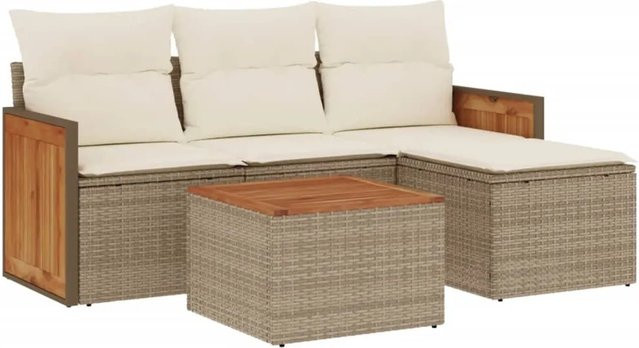 vidaXL 5-teilige Garten-Sofagarnitur aus Poly-Rattan und Akazienholz in Beige mit Kissen und Armlehnen - Bild 1