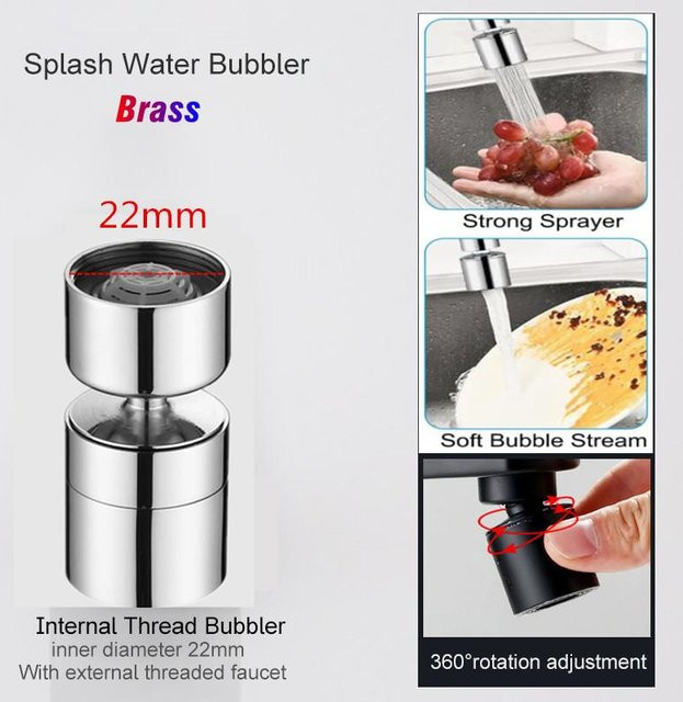 Universeller Wasserhahn-Sprühkopf aus Messing in Chrom, 1080 Grad drehbar mit Sprudeldüse für Küchenarmaturen und Waschbecken, Farbe: Silber - Bild 1