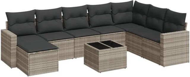 vidaXL 9-teilige Garten-Sofagarnitur aus Poly-Rattan mit Kissen in Hellgrau - Bild 1