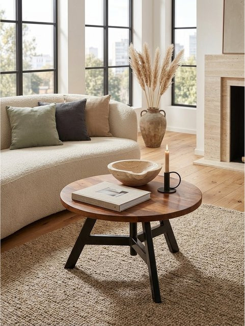 KADIMA DESIGN Couchtisch aus Sheesham Massivholz und Metall, rund, braun, Durchmesser: 60 cm, Höhe: 35 cm - Bild 1