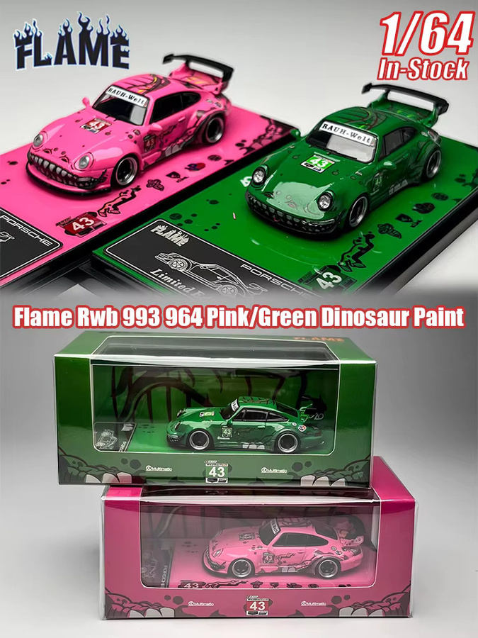 Bburago Miniatur Druckguss Auto Modell 1:64 Rwb 993 964 Dinosaurier Design in Rosa und Grün - Bild 4