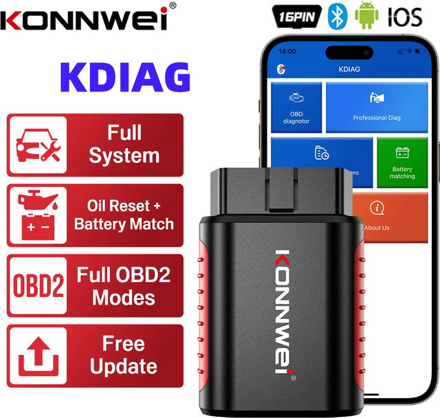 Konnwei Kdiag Mini 2024 OBD2 Auto Diagnose Tool in Schwarz mit System-Reset und ECU Programmierer - Bild 1