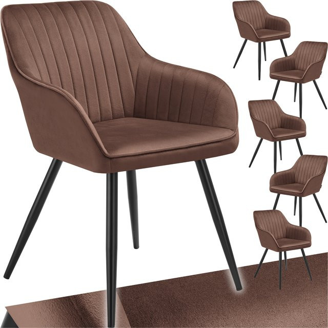 tectake Esszimmerstuhl Marilyn Set, 6er Set, gepolstert in Samtoptik mit Steppmuster, Stahlbeine, Braun/Schwarz, B: 58 cm, T: 62 cm, H: 82 cm - Bild 1