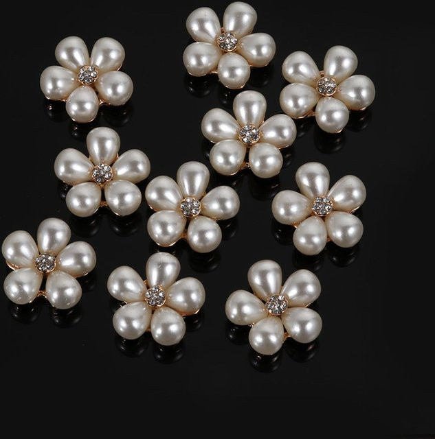 10er Paket Elfenbeinfarbene Perlen-Strass-Knöpfe in Blumenform aus Kunststoff für DIY-Handwerk und Dekoration - Bild 1