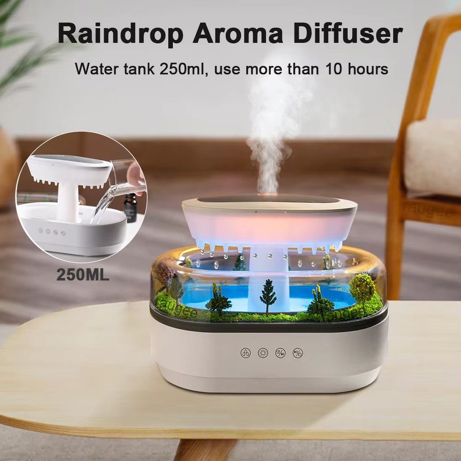 Raugee Luftbefeuchter und Aromatherapie Diffusor mit Musikfunktion, Regentropfen-Design und buntem Licht, Weiß - Bild 2
