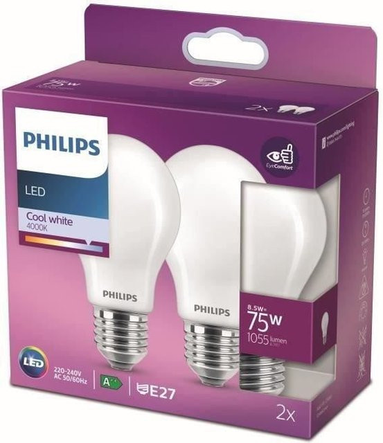Philips LED-Leuchtmittel 2er-Set E27 Kaltweiß, Äquivalent zu 75W, Glas, Transparent/Weiß - Bild 1