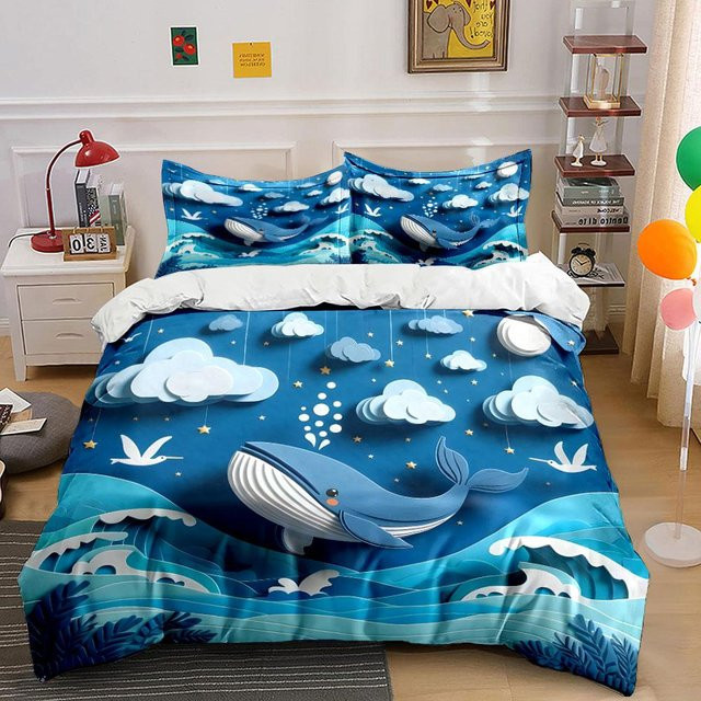 Flylo Bettwäsche-Set Blauwal mit Ozean-Nachthimmel-Print, Blau, B/H: 180 x 210 cm - Bild 1