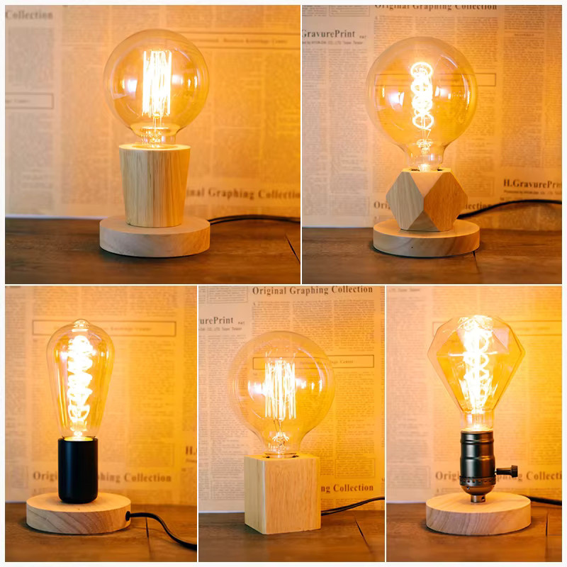 PARKSON Retro Vintage Tischlampe aus Holz mit E27 Fassung und transparentem Glasschirm - Bild 3