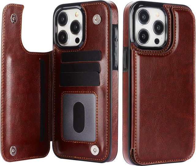 szHAIyu Flip Handyhülle aus PU-Leder für iPhone 13 12 Mini 17 Air 16E 16 15 Plus 14 11 Pro Max mit Kartenhalter und stoßfestem Schutz in Pink und Braun - Bild 1