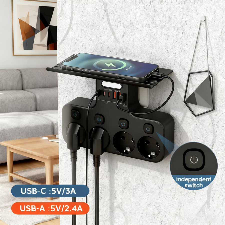 Multifunktions-Steckdosenleiste in Schwarz mit 4 AC-Anschlüssen, 3 USB-C und 3 USB-A Anschlüssen, 3250W, Wandmontage mit unabhängigen Schaltern und Sensor-Nachtlicht - Bild 2