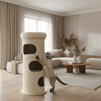PetRhein Kratztonne Bamboo Tower in Beige mit Sisal und Rattan für erwachsene Katzen - Bild 2