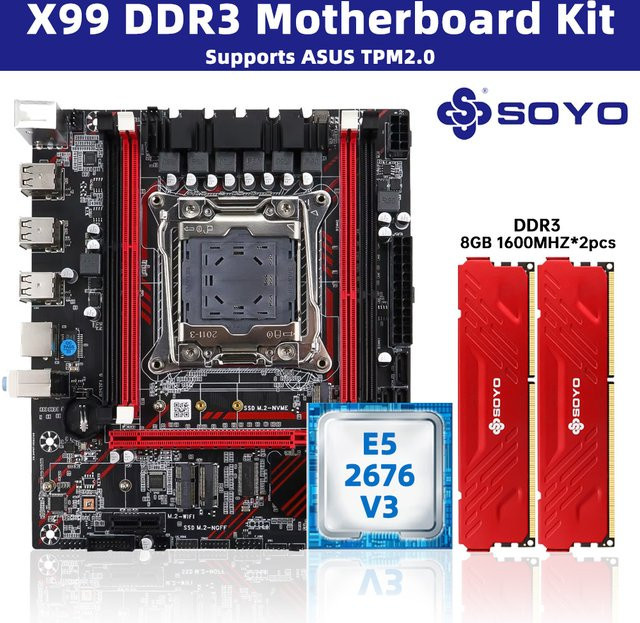 SOYO X99 Motherboard-Set mit Intel Xeon E5 2676 V3 Prozessor, 16 GB DDR3 1600 MHz Dual-Channel-RAM und M.2 NVMe Unterstützung in Schwarz - Bild 1