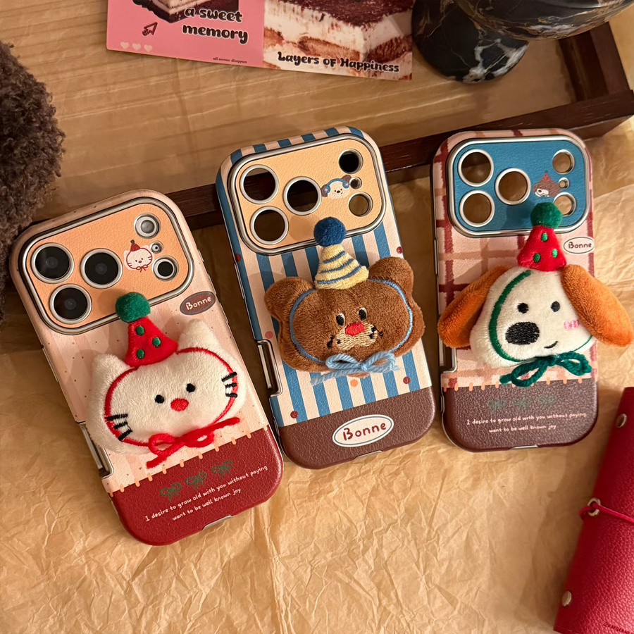 MUQGEW Stoßfeste iPhone Handyhülle mit Koreanischem Cartoon 3D Plüsch-Tierdesign und Ledertextur in Multicolour - Bild 5