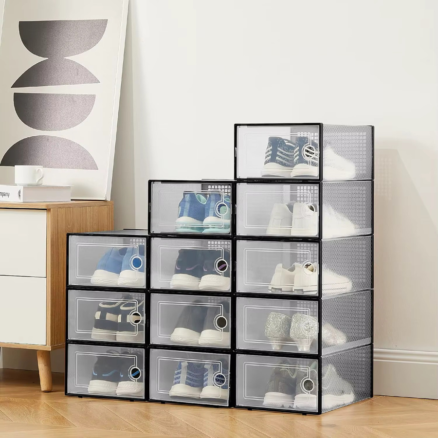 HiMISS 12 Stück Transparente Kunststoff-Aufbewahrungsboxen mit Deckel, Stapelbare Schuhorganizer in Weiß für Sneaker, Spielzeug und Schrankaufbewahrung - Bild 2