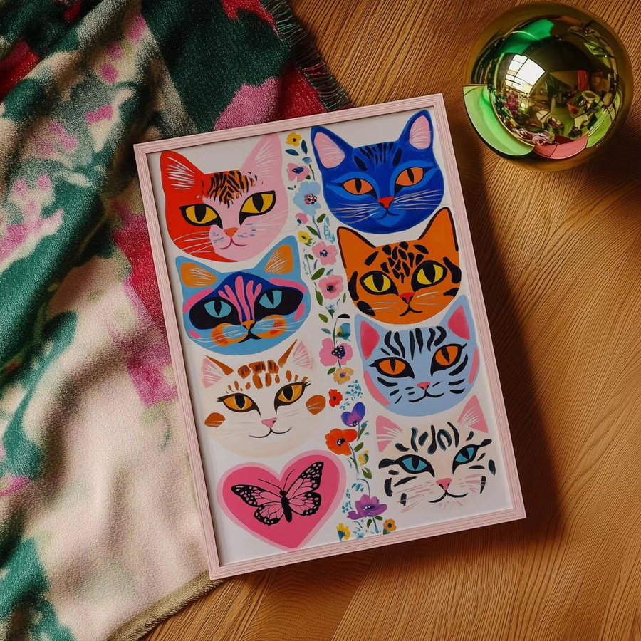Moderne Wandkunst von SHENCHEN mit mehrfarbigen Katzenporträts, Blumenakzenten und Schmetterlingsmotiven als dekorativer Paper Print - Bild 2