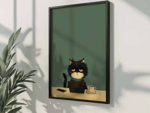 SHENCHEN Wandbild Retro Motiv Grumpy Black Cat mit Laptop und Kaffee in Schwarz und Multicolour - Bild 1
