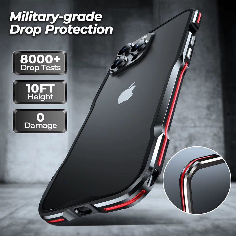 Aluminium Panzerrahmen Handyhülle für iPhone 16 Plus 15 14 13 Pro Max mit unregelmäßigem Metallkantenschutz in Schwarz oder Rot - Bild 4