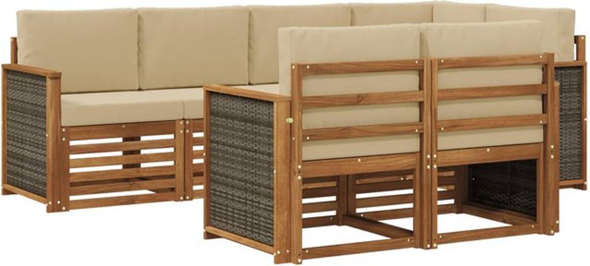 Modernes Ecksofa Set 6-teilig von vidaXL aus massivem Akazienholz und Polyester in Beige und Natur - Bild 1