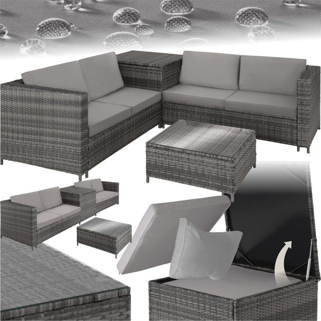 tectake Rattan Lounge Siena für 4 Personen mit Aufbewahrungsbox und Sicherheitsglasplatte in Grau, B/T/H: 140 x 75 x 65,5 cm - Bild 1