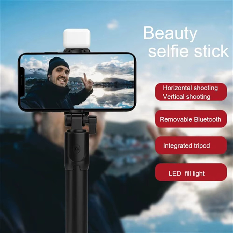 KAFNHCKA Tragbarer Bluetooth-Selfie-Stick mit Stativ, Fernauslöser und Aufhellungslicht, faltbarer Reise-Vlog-Halter in Schwarz oder Weiß - Bild 3