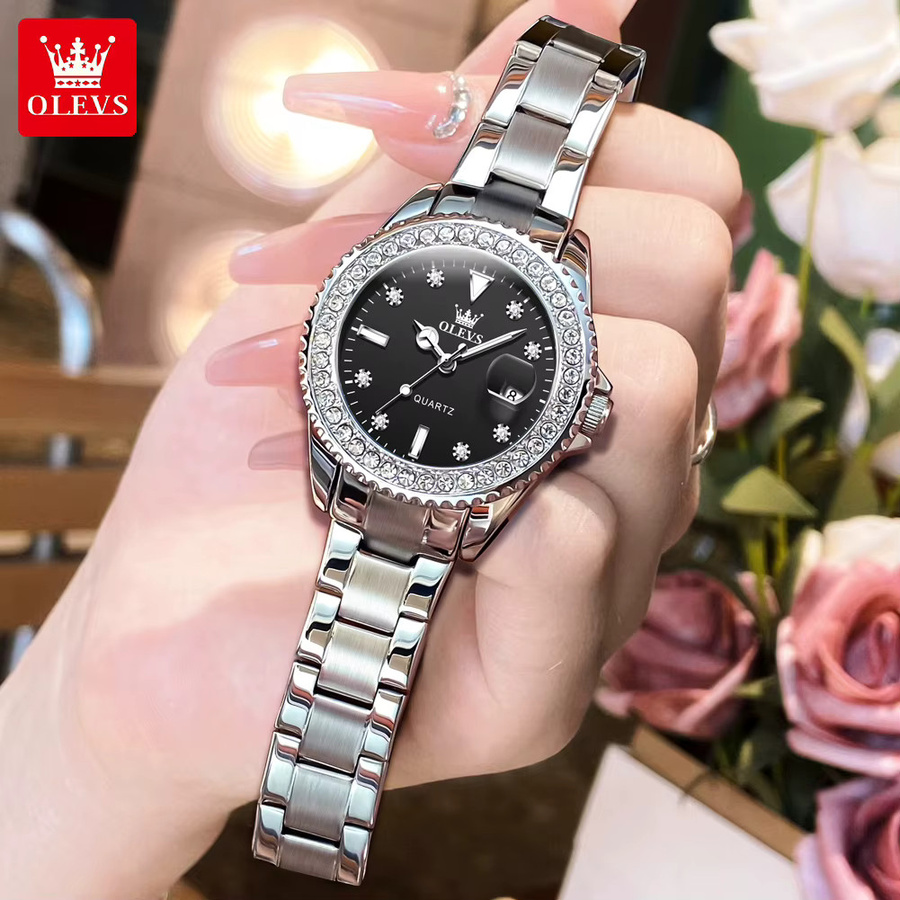 OLEVS Armbanduhr Quarz, Edelstahl, Diamantbesetzt, Damen, Schwarz, Silber - Bild 4