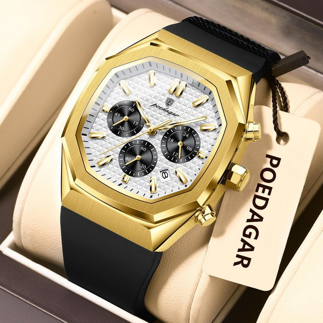 POEDAGAR Herrenuhr, Quarz, Edelstahl, Gold, beige, 42 mm, Silikon - Bild 1
