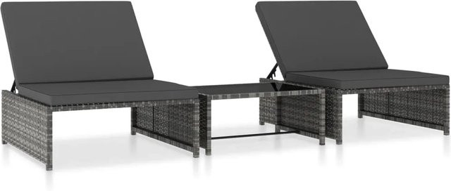 vidaXL Sonnenliegen Set aus 2 Stück mit Tisch in Grau aus Poly Rattan und pulverbeschichtetem Stahl - Bild 1