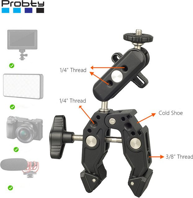 Probty Super-Klemme mit Dual-Kugelkopf-Magic-Arm und Cold Shoe in Schwarz für Smartphone und Action-Kameras wie GoPro oder DJI mit 1/4" und 3/8" Gewinde - Bild 1