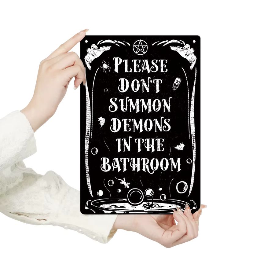 Putuo Decor Vintage Metallblechschild bitte beschwören Sie Dämonen im Badezimmer für Halloween - Bild 3