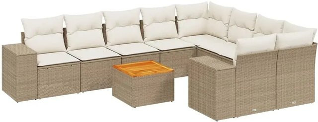 vidaXL 10-tlg. Garten-Sofagarnitur in L-Form aus Poly-Rattan und Akazienholz mit Kissen in Beige-Creme - Bild 1