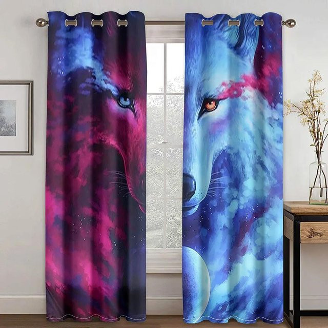 Yiran Furniture 3D Vorhänge mit blauem Drache und Wolf Motiv, 2er Set, Blau/Mehrfarbig, B: 50 cm, H: 130 cm - Bild 1