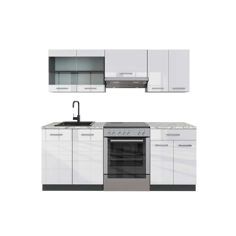 Vicco R-Line Küchenzeile Weiß Hochglanz Anthrazit mit Marmor Optik Breite: 200 cm - Bild 2