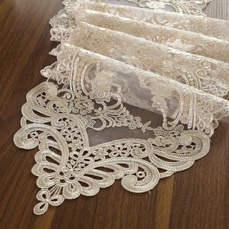 Bestickter Tüll Tischläufer Yiran Furniture in Weiß und Champagnergold mit floralem Design, B/H: 30 x 120 cm