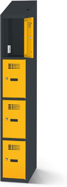 rotstahl Fächerschrank mit Ladefunktion und 4 Fächern in Gelb mit anthrazitgrauem Korpus, B: 30 cm, H: 200 cm - Bild 1
