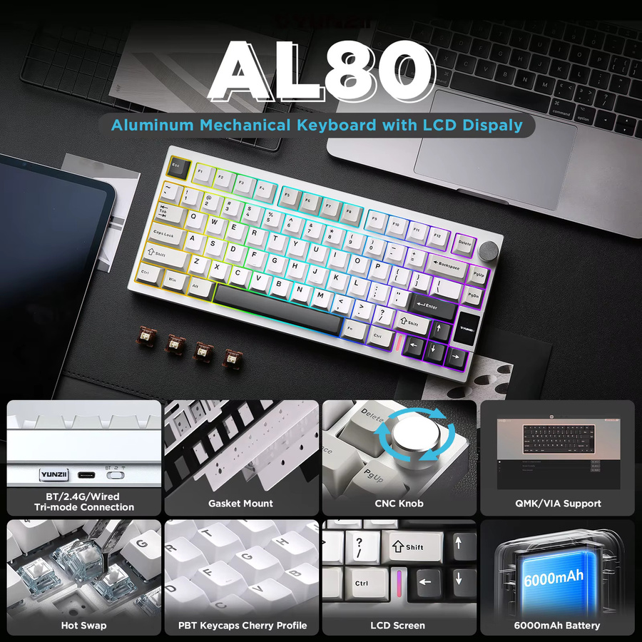 YUNZII AL80 Mechanische Gaming-Tastatur in Silber, kabellos mit Bluetooth, CNC-Aluminium-Gehäuse, LCD-Display und Hot-Swap-Funktion, QMK/VIA-kompatibel - Bild 2