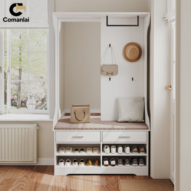 Comanlai 6-in-1 Garderobe für den Eingangsbereich mit Spiegel, Schuhbank, 2 Schubladen, 4 Haken, 4 offenen Schuhschränken und Kleiderstange in Weiß Matt - Bild 1
