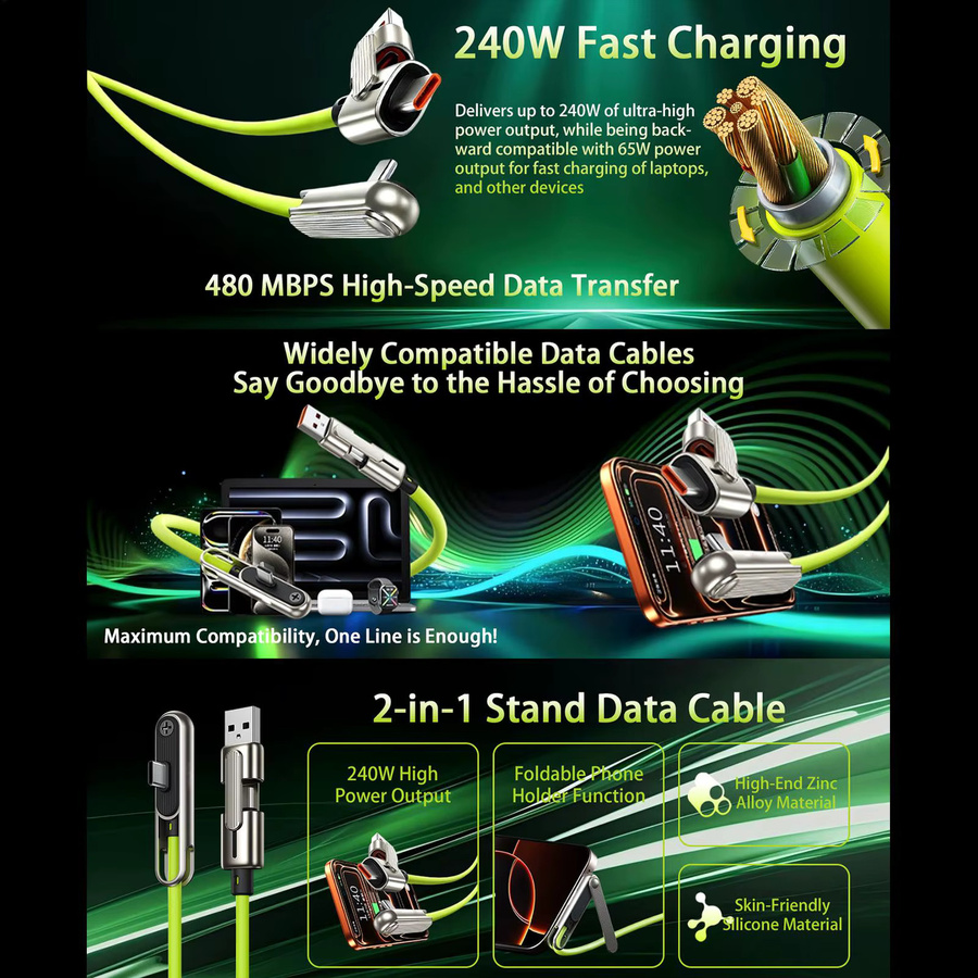 240W USB-A auf USB-C Doppelkopf-Schnellladekabel mit integrierter Telefonhalterung in Grün - Bild 5