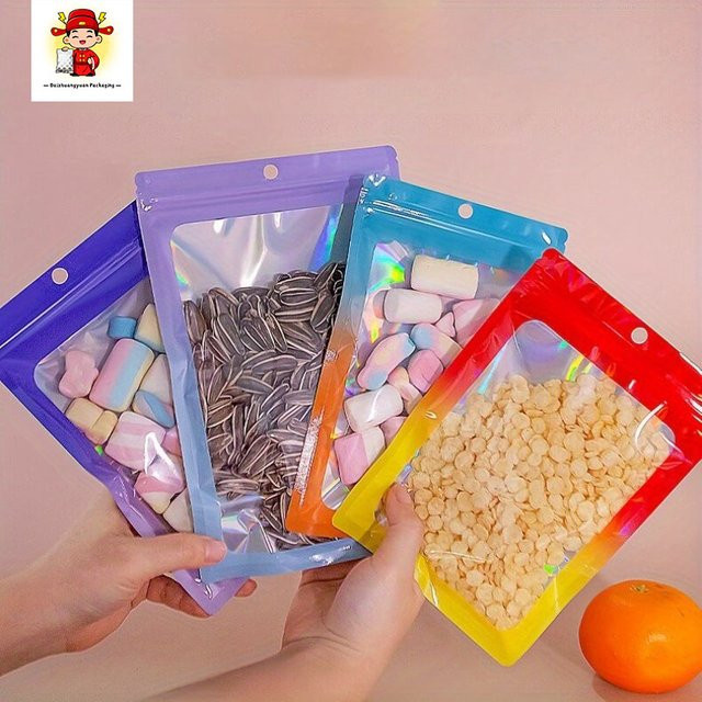 Holografische Reißverschlusstaschen aus Kunststoff für Schmuck, Süßigkeiten und Snacks in Multicolour, Green und Orange - Bild 1