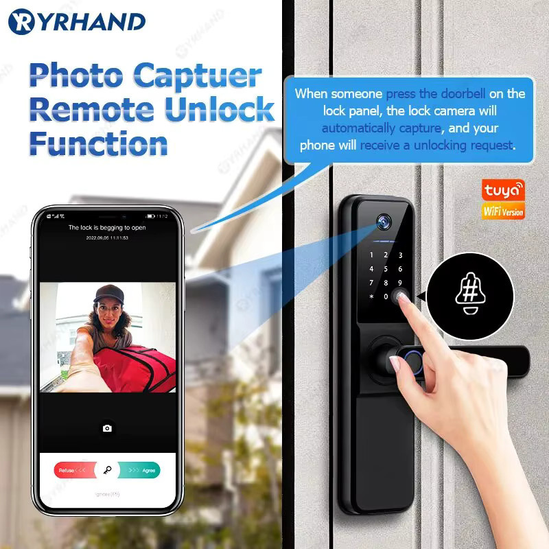 YRHAND H01 Smart Türschloss mit Biometrie-Kamera, Fingerabdruck und Tuya Wifi, Schwarz - Bild 2