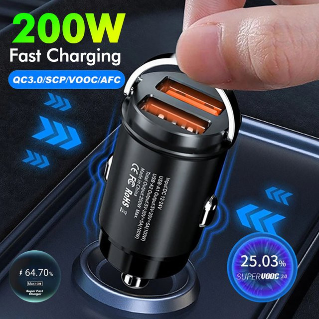 Mini-Autoladegerät mit 200W Schnellladung, USB Typ-C und QC3.0 für iPhone, Xiaomi, Samsung und Huawei, Schwarz - Bild 1