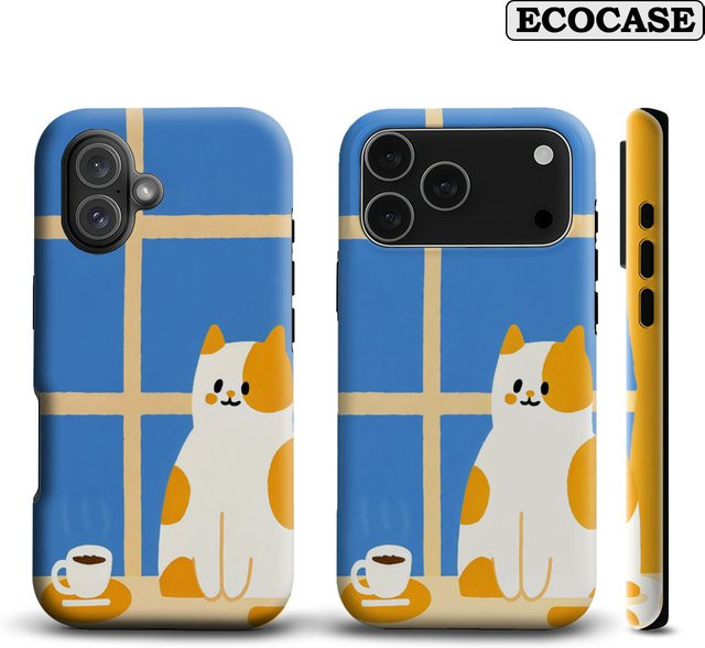 Potdemiel Handyhülle Calico Cat & Coffee für iPhone 17 16 15 14 13 12 Pro Max Plus mit doppelschichtiger Rückseite - Bild 1