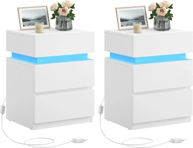 Vasagle Nachttisch mit LED-Beleuchtung in Weiß mit modernem, minimalistischem Design, Breite: 55 cm, Tiefe: 35 cm, Höhe: 44 cm - Bild 1