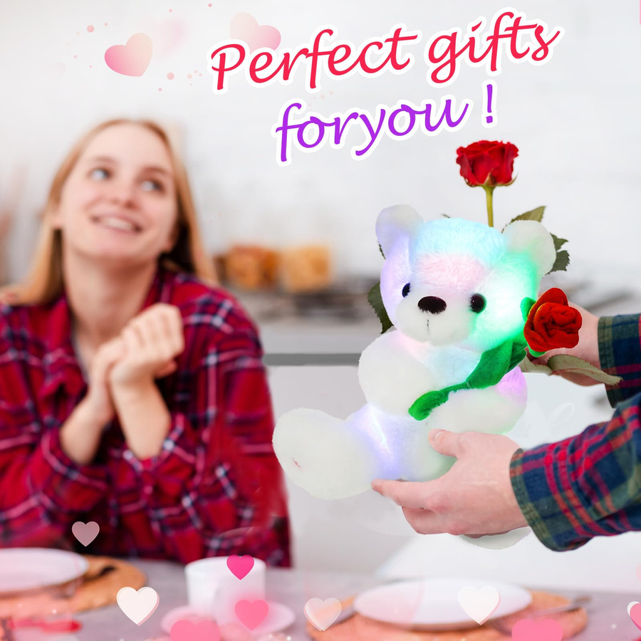 Wucifang Bags Leuchtender weißer Teddybär mit Rose als weiches LED-Stofftier Nachtlicht - Bild 2