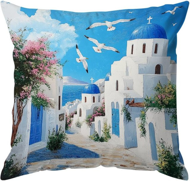 JMG Clothing Dekokissen Kissenbezug Santorini Landschaft Design Blau B/B/H: 45 x 45 x 45 cm - Bild 1