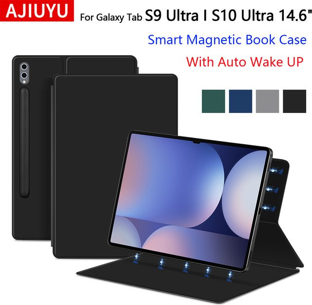 Magnetische Smart Book Case Hülle für Samsung Galaxy Tab S10 Ultra 2024 5G und S9 Ultra 14,6 Zoll mit integriertem Stifthalter und Auto Sleep Wake Funktion in Schwarz oder Blau - Bild 1